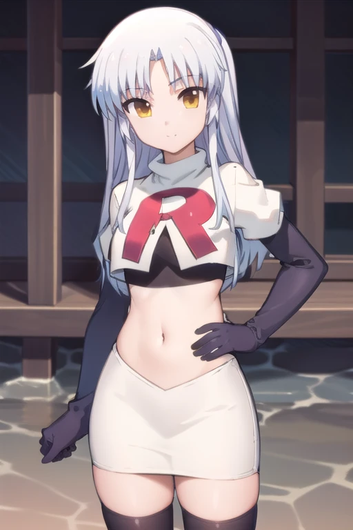 (((pixel-perfect, detail-perfect))), solo, 1girl, kanade tachibana, , looking at viewer, team rocket,team rocket uniform,white skirt,red letter R,crop top,black thigh-highs,black elbow gloves