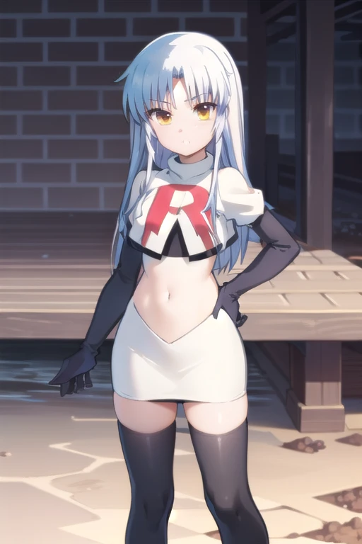 (((pixel-perfect, detail-perfect))), solo, 1girl, kanade tachibana, , looking at viewer, team rocket,team rocket uniform,white skirt,red letter R,crop top,black thigh-highs,black elbow gloves