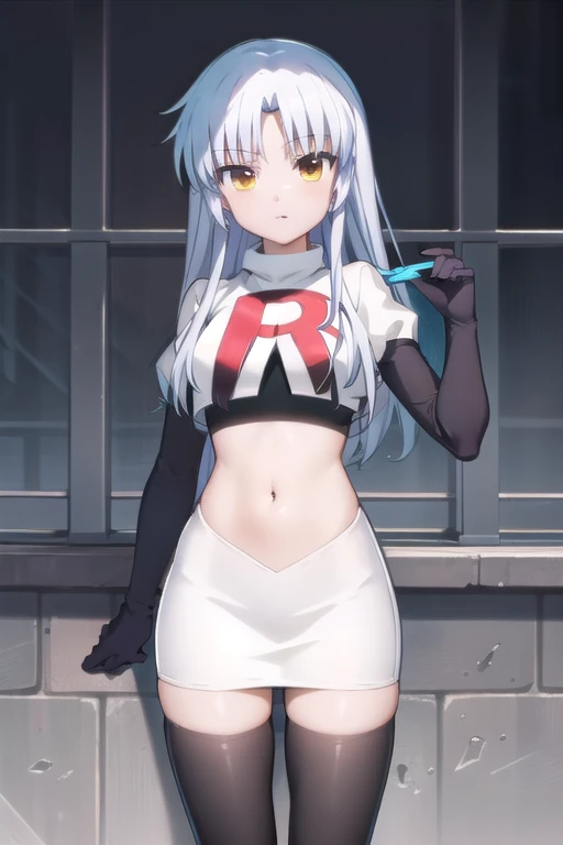 (((pixel-perfect, detail-perfect))), solo, 1girl, kanade tachibana, , looking at viewer, team rocket,team rocket uniform,white skirt,red letter R,crop top,black thigh-highs,black elbow gloves