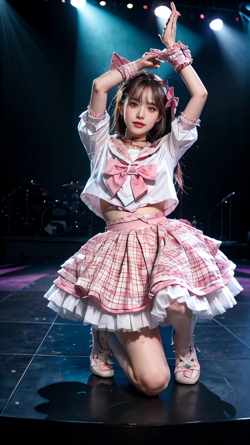 (realistic, photorealistic:1.4), (masterpiece, best quality:1.2), RAW photo, high resolution, intricate details, extremely detailed, (full body, looking at viewer:1.8), solo, 1girl, a Japanese female idol, (idol costume, cyb skirt, cyb shirt, plaid skirt, idol, wrist cuffs, bow, sailor collar, frilled skirt, frills), straight hair, dark hair, fine-textured skin, pale skin, (detailed face, detailed eyes),, (She is kneeling with spread legs apart, arms up1.5), on the stage, stage lighting, stage spotlight, audience, photo background, concert venues, low angle,