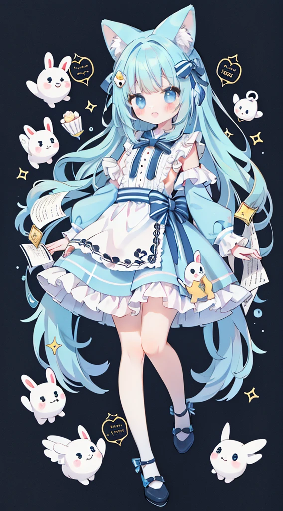 Standing picture、Full Body Love、A girl、Cute little、Alice in Wonderland、Alice in Wonderland服装、yellow paper、curls、Light blue eyes、Alice in Wonderland background、piece