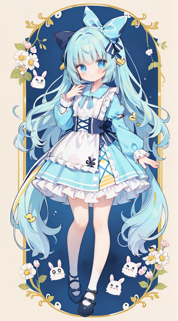 Standing picture、Full Body Love、A girl、Cute little、Alice in Wonderland、Alice in Wonderland服装、yellow paper、curls、Light blue eyes、Alice in Wonderland background、piece