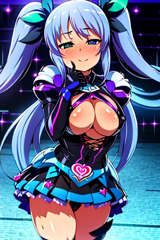 masterpiece, best quality, ultra-detailed, kawaii, cute, lovely, sexy, ero, extremely detailed, 4K, 8K, best quality, beautiful, anime style, latex bodysuit, beautiful eyes, large breast, tattoo, orgasm ,otonashi subaru,heterochromia,green right eye,blue left eye,twintails,cobalt blue hair,glasses,large breasts,Perfect body,animated, animification, tattoo,dark dress,beautiful detailed hair, purple Clothes,lift up skirt,Live performance venue,shiny-glistening