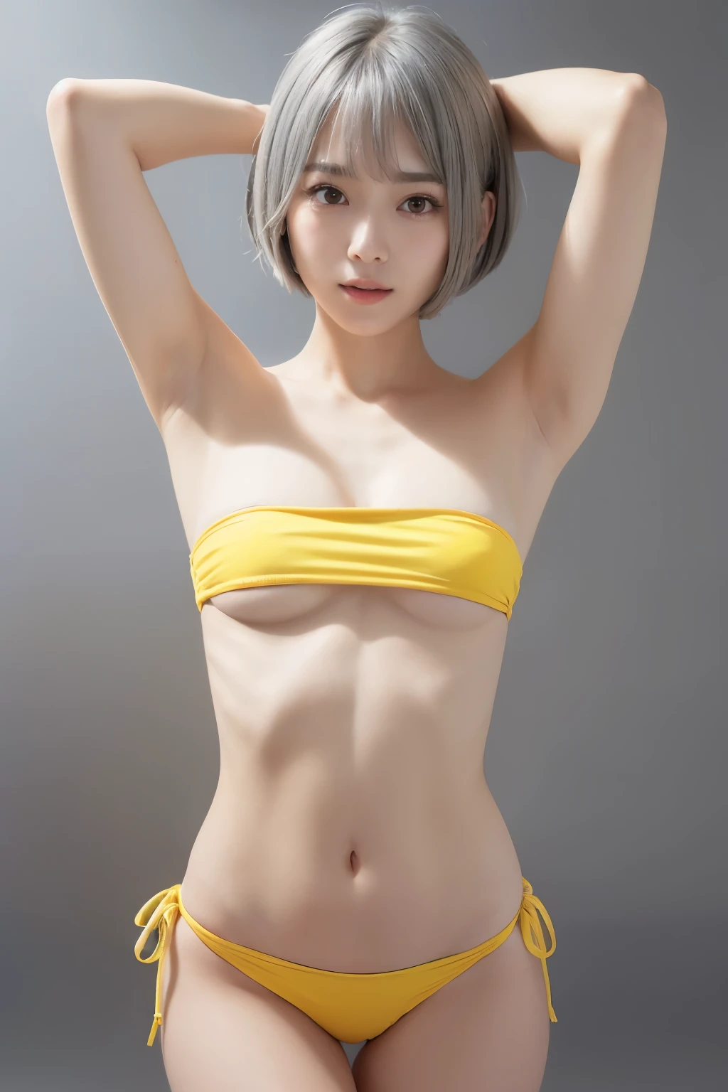 ((Small breasts:1.3))、 ((Bare Armpits:1.6))、(Mouth watering and mouth slightly open:1.4)、(Yellow strapless micro bikini:1.7),(Sexy pose:1.3)、((Highest quality:1.5))、((High-definition images:1.4))、Natural Shading、((Thin pubic hair))、K-POPアイドル)Calm and happy like a goddess、(((Exposing breasts、Nipples)))、(((between legs,crack)))、Look at the viewer with your whole body、((Small breasts:1.3))、Natural Shading、((Thin pubic hair))、K-POPアイドル)Calm and happy like a goddess、(((Exposing breasts、Nipples)))、(((between legs,crack)))、Look at the viewer with your whole body、((Small breasts:1.3))、Natural Shading、((Thin pubic hair))、K-POPアイドル)Calm and happy like a goddess、(((Exposing breasts、Nipples)))、(((between legs,crack)))、Look at the viewer with your whole body、((:1.3))、Natural Shading、((Thin pubic hair))、K-POPアイドル)Calm and happy like a goddess、(((Exposing breasts、Nipples)))、(((between legs,crack)))、Look at the viewer with your whole body、((((Beautiful bob-cut gray hair))))、((White haired Japanese woman)))、(Short bob cut gray hair:1.5)、masterpiece, highest quality, 8k, Absurd, (Upper Body:1.4), beautiful girl, Pretty face, Looking at the audience, Laughter, Surreal, High resolution, photograph, Film Grain, chromatic aberration, Sharp focus, High resolution, Face Light, Dynamic Lighting, Cinema Lighting, Professional Shadow, Simple Background, (Dull grey background:1.4), Most detailed, Very detailed, Very detailed, finely, Real Skin, Delicate features, Detailed face and eyes, Sharp pupils、Realistic student、(Korean、Japanese、Chinese:0.4)