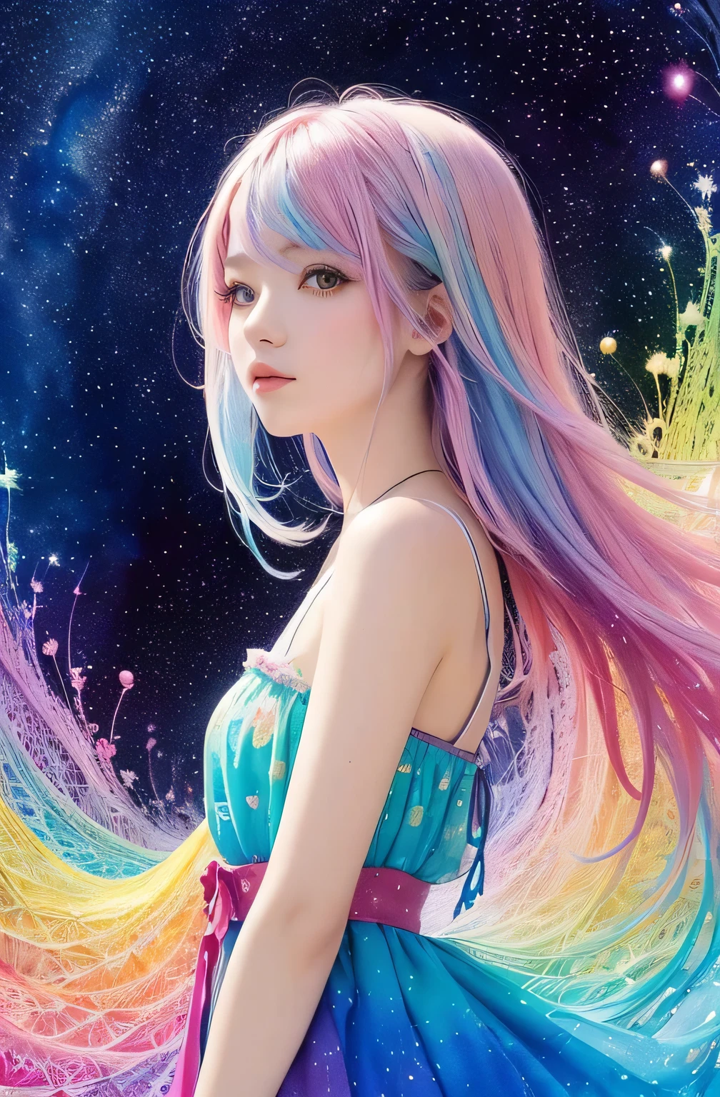 (masterpiece, highest quality, highest quality,watercolor (Moderate),Official Art, beautifully、aesthetic:1.2),(One girl:1.3), (Fractal Art:1.3),Upper Body, From the side, View your viewers,pattern,(Rainbow Hair,colorful hair,Half Blue、Half pink hair:1.2),water,liquid, cloud,colorful, Starry sky,performer,looking at the camera,Full body