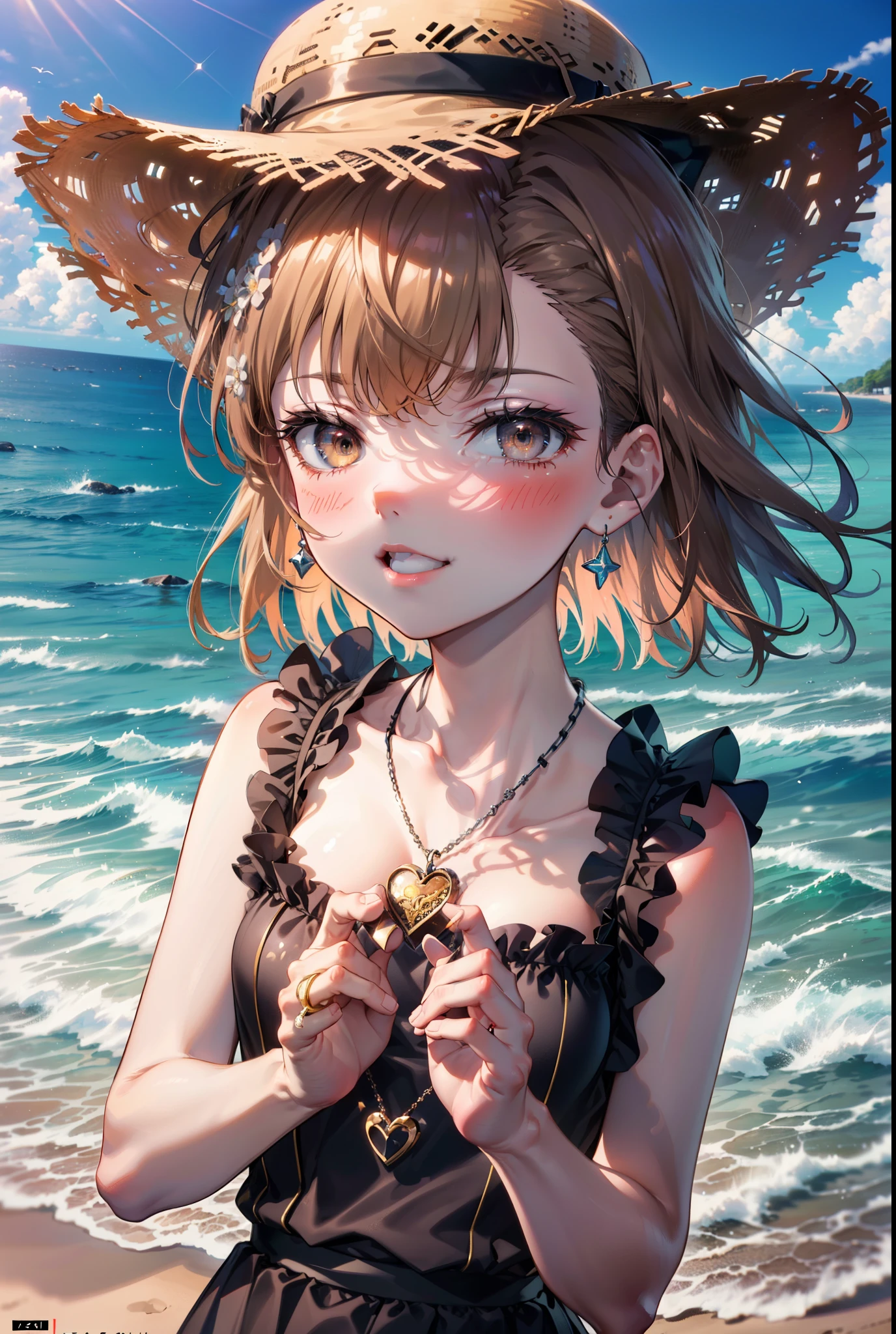 8k,highest quality,masterpiece,(((Pixel Perfect, Perfect in every detail))), alone, 1 girl, ,Mycotrose, Brown eyes,Brown Hair,short hair,Sleeveless red dress,Long skirt,barefoot,Locket Necklace,Straw hat,Beach,Strolling on the sandy beach,happy smile, smile, Open your mouth,True Summer,Daytime,Clear skies,As if your whole body is in the illustration,(masterpiece:1.2), highest quality, High resolution, unity 8k wallpaper, (shape:0.8), (Beautiful and detailed:1.6), Highly detailed face, Perfect lighting, Extremely detailed CG, (Perfect hands, Perfect Anatomy),