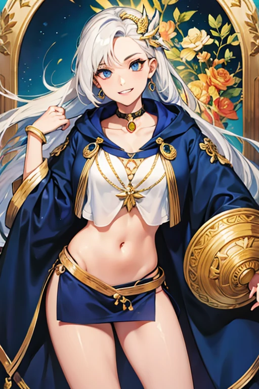 (masterpiece, best quality),  intricate details,, 1girl,     Gura, multicolored hair, blue eyes, shark hair ornament, gold hair ornament, gold choker, gold bracelet, sharp teeth, grin, blue hoodie,,  greek clothes, peplos,