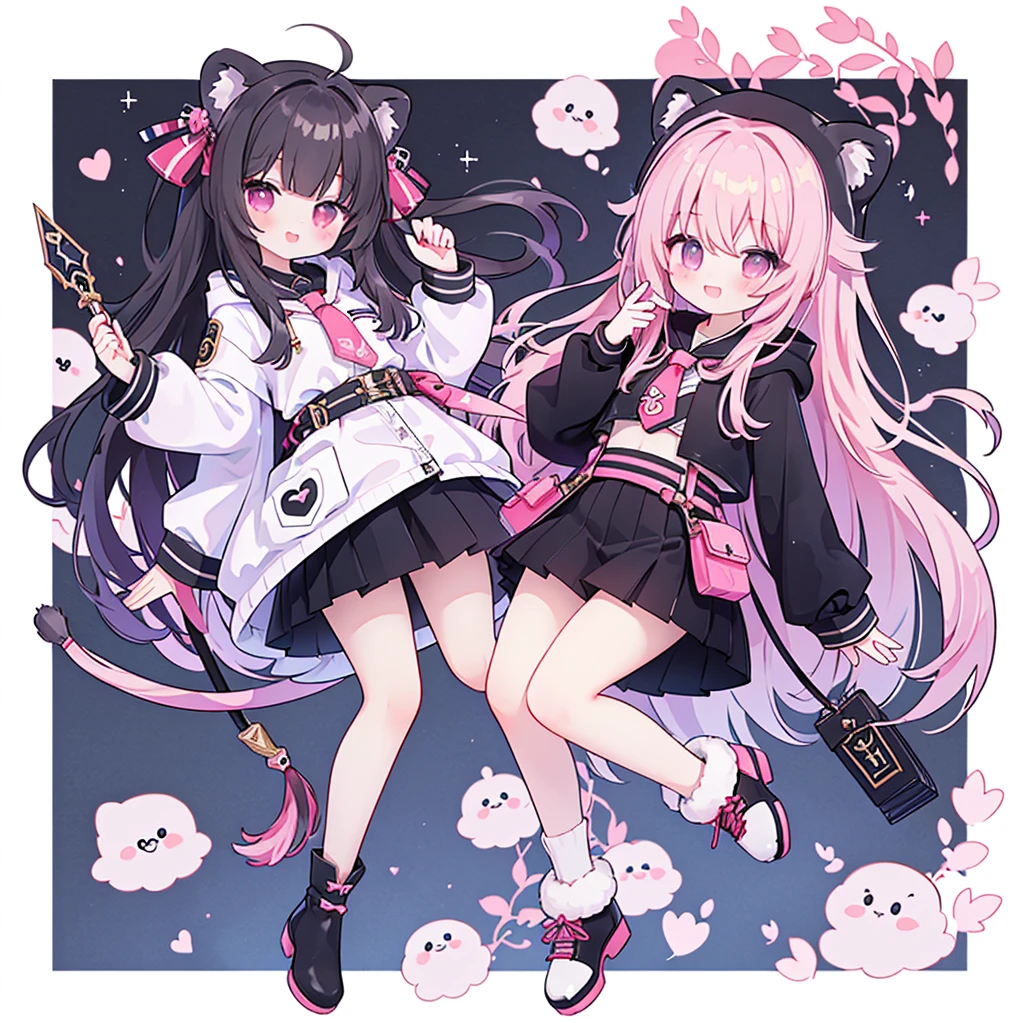 (masterpiece、Top quality、high quality)、one个年轻女孩的全身、one 、Pink long hair、tie hair、Fluffy、Black skirt、Mafia girl、Full Body Esbian、Fluffy atmosphere、Leather Boots、Plain white background、Smile、positive、Lion hoodie、