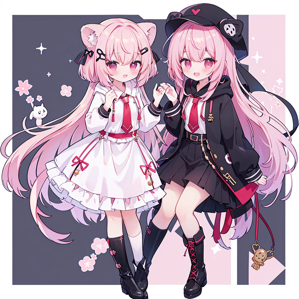 (masterpiece、Top quality、high quality)、one个年轻女孩的全身、one 、Pink long hair、tie hair、Fluffy、Black skirt、Mafia girl、Full Body Esbian、Fluffy atmosphere、Leather Boots、Plain white background、Smile、positive、Lion hoodie、