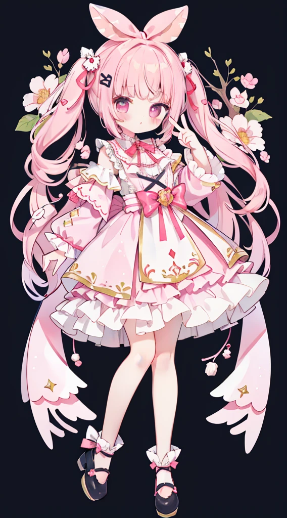 Standing picture、Full Body Love、masterpiece、Top quality、Top image quality、Cute little、A girl、Pink Hair、Ribbon on head、Ribbon clothes、Frills、Year、Flake Symbols、Double peace sign、Pink Eyes、
