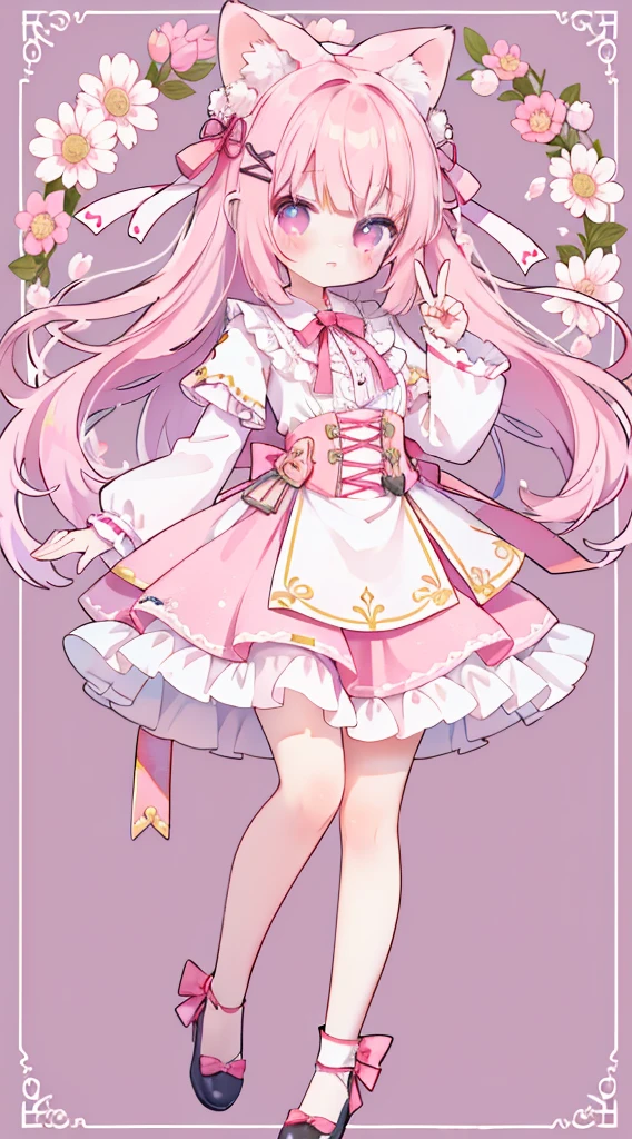 Standing picture、Full Body Love、masterpiece、Top quality、Top image quality、Cute little、A girl、Pink Hair、Ribbon on head、Ribbon clothes、Frills、Year、Flake Symbols、Double peace sign、Pink Eyes、