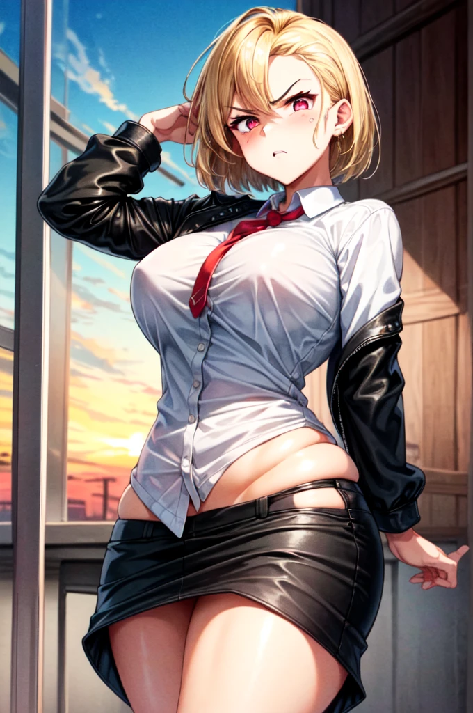 masterpiece, best quality, sunset, cowboy shot, view from below, 1girl, delinquent girl, tough appearance, sharp eyes, golden eyes, short hairstyle, dirty blonde hair color, angry face, rough face, big breasts, black leather jacket, white shirt, alley, curvy body, mature face,
((looking disgusted)), looking at viewer, ruby red eyes,
in the classroom,