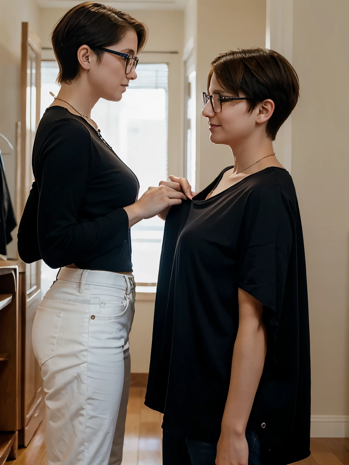 A mother with short hair and a ager taller than her with glasses congratulating on Mother's Day