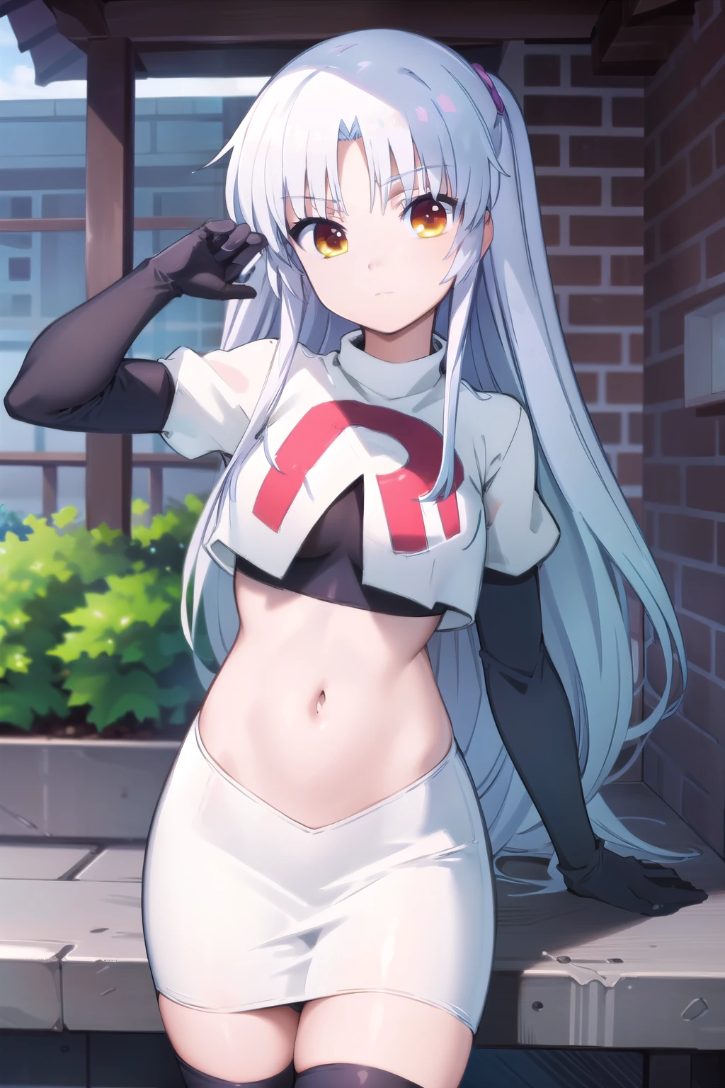 (((pixel-perfect, detail-perfect))), solo, 1girl, kanade tachibana, , looking at viewer, team rocket,team rocket uniform,white skirt,red letter R,crop top,black thigh-highs,black elbow gloves