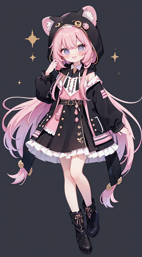 (masterpiece、Top quality、high quality)、one个年轻女孩的全身、one 、Pink long hair、tie hair、Fluffy、Black skirt、Mafia girl、Full Body Love、Fluffy atmosphere、Leather Boots、Plain white background、Smile、positive、Lion hoodie、