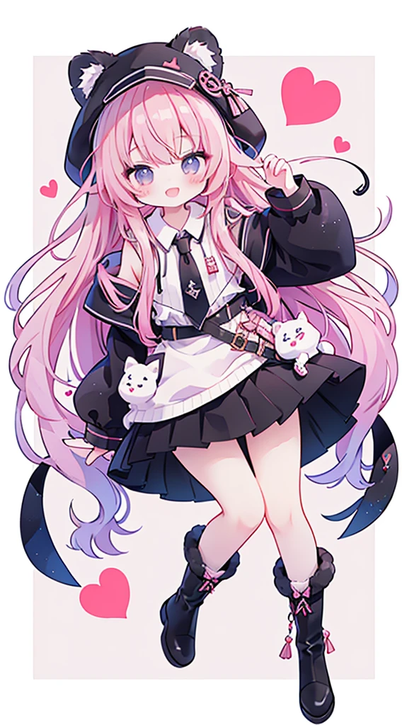(masterpiece、Top quality、high quality)、one个年轻女孩的全身、one 、Pink long hair、tie hair、Fluffy、Black skirt、Mafia girl、Full Body Love、Fluffy atmosphere、Leather Boots、Plain white background、Smile、positive、Lion hoodie、