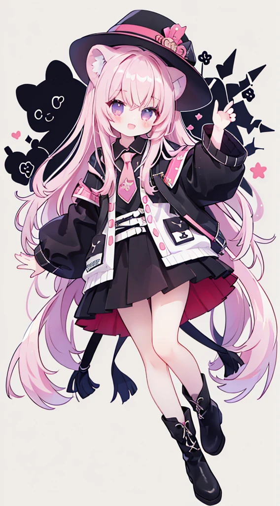 (masterpiece、Top quality、high quality)、one个年轻女孩的全身、one 、Pink long hair、tie hair、Fluffy、Black skirt、Mafia girl、Full Body Love、Fluffy atmosphere、Leather Boots、Plain white background、Smile、positive、Lion hoodie、