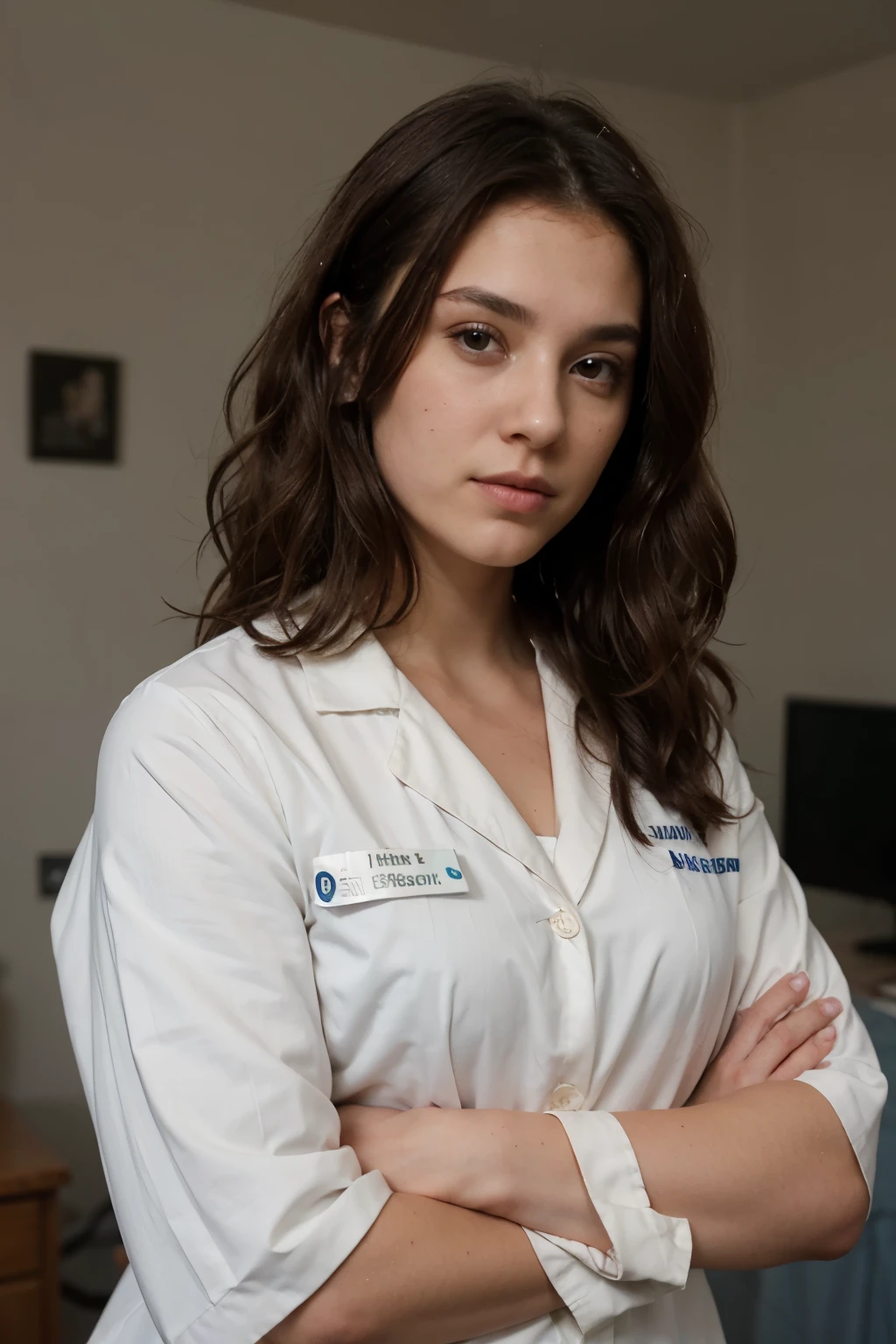 Ultra realistic and detailed image of young dark brown college woman, face a little round and dark curly hair that is not in profile for the photo but rather looking sideways in the photo with arms crossed wearing a white medical coat and the background of the image of his room