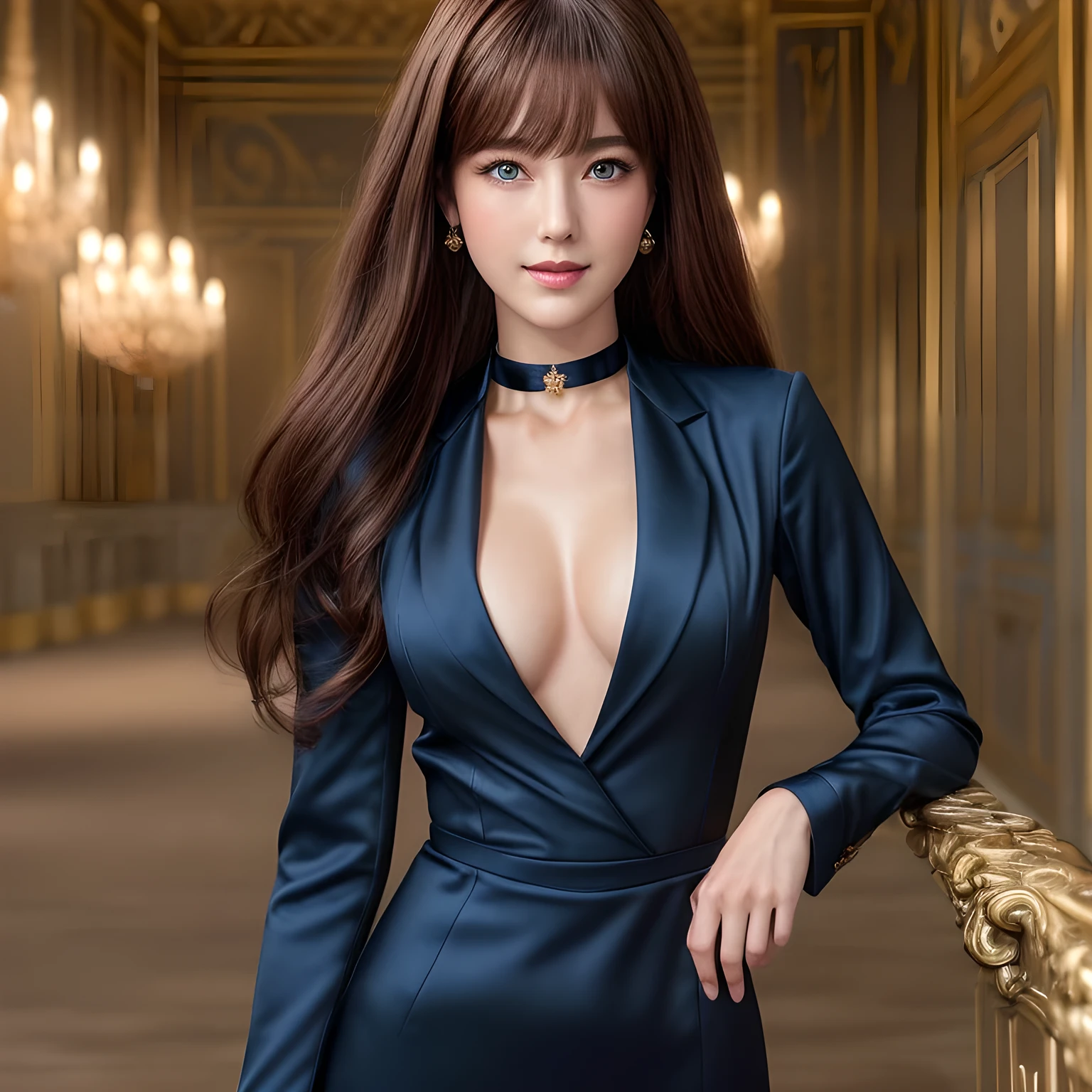 masterpiece, Front view, Cute Japanese aristocratic woman, (輝くBrown Hair, Straight Long Hair), ((Dark blue business suit, Office Ladyファッション, Office Lady)), Very cute face, Glossy Lips, Double eyelids on both eyes, Natural Makeup, Brown Hair, Asymmetrical bangs, High resolution, Attention to detail, Detailed hairstyle, Detailed face, Octane Rendering, Ultra-realistic, Perfect limbs, ((Black choker)), blue eyes, Big Breasts, ((Slim body:1.5)), Cool Beauty, ((Slim face)), smile, Mature Woman, Browsing Caution:-1.2, Long, Bushy Eyelashes, Cleavage, Satin dress, ((Palace of Versailles, party)), meal, Stand-up party