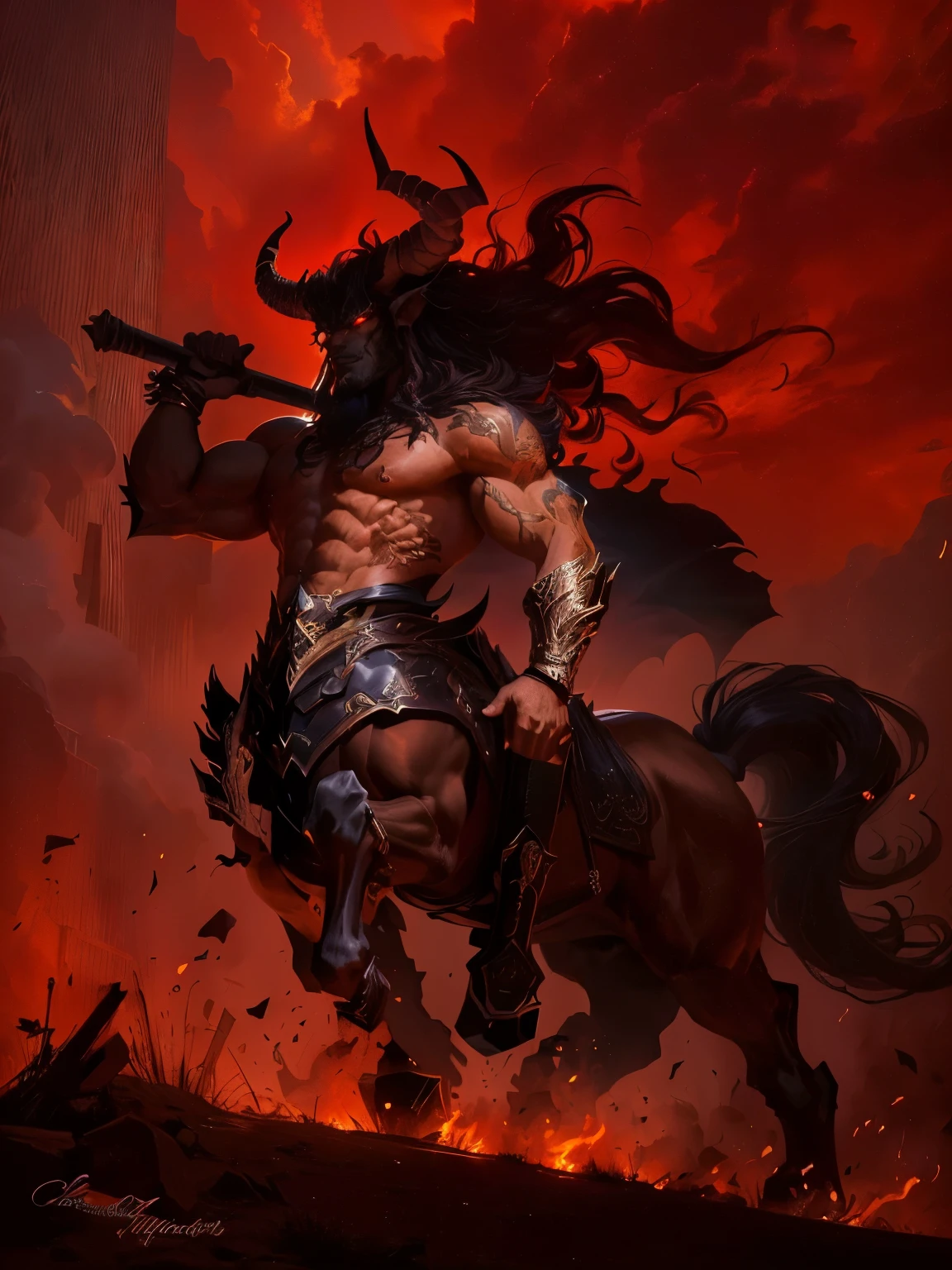 painting of a man riding a horse with a devil on his back, quimera centauro centauro masculino, um lobo minotauro, demon berserker, centauro da mitologia grega, centaur, a centaur, muscular humanoid balrog demon, Ogro vermelho montado em um cavalo, cavalo centauro, demon lord, arte conceitual do diabo, male demon