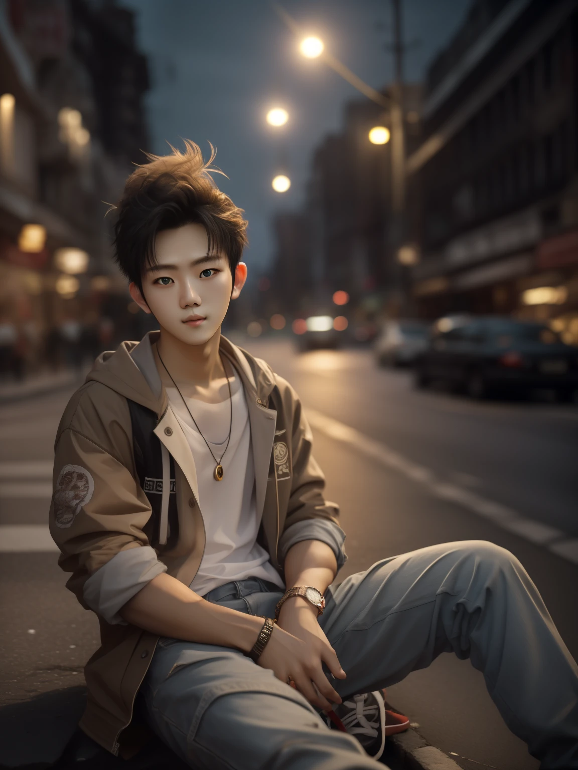 RAW photo, a portrait photo of 21 y.o man in casual clothes, night, city street, (high detailed skin:1.2), 8k uhd, dslr, soft lighting, high quality, film grain, Fujifilm XT3