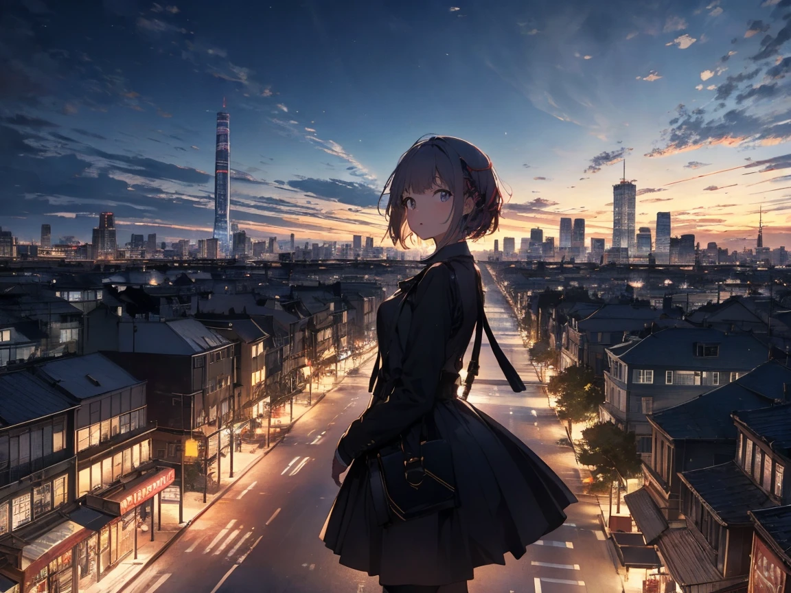 Tabletop, highest quality, figure, wallpaper, Super detailed, Absurd, 1, alone, (Medium Short Hair、Short braided hair), Beautiful fine details, (street), Bright Sky, (Panoramic View:1.3), (Depth:1.5)