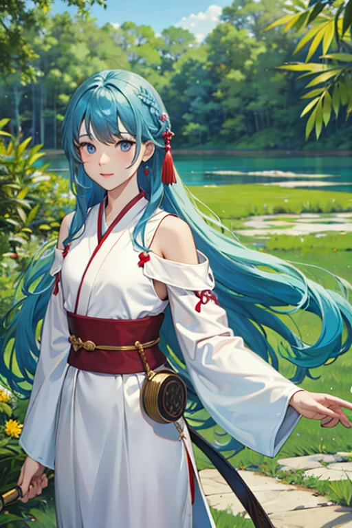 Masterpiece, Best Quality, Official Art, 8k Wallpaper, Very Detailed, Illustration, 1 Girl, Sky Blue Hair, Long Hair, Detailed Eyes, Forrest Gump, Bare Shoulders, Hanfu, Lake, Pure, Soft Smile, bamboo, tea