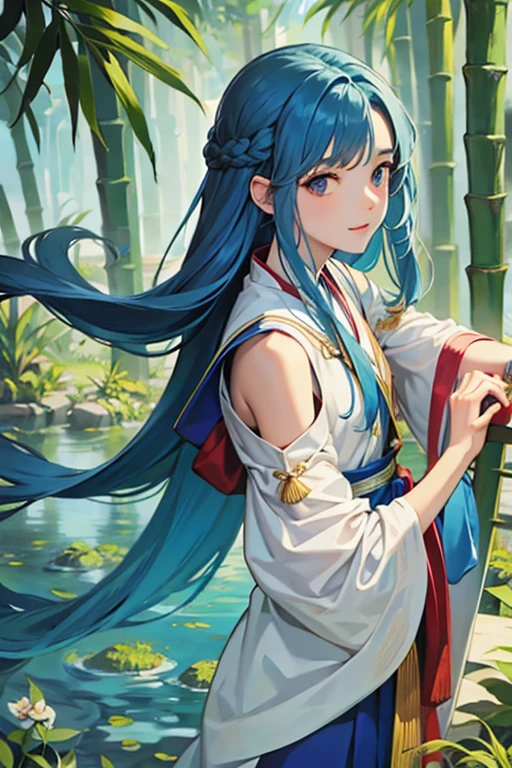 Masterpiece, Best Quality, Official Art, 8k Wallpaper, Very Detailed, Illustration, 1 Girl, Sky Blue Hair, Long Hair, Detailed Eyes, Forrest Gump, Bare Shoulders, Hanfu, Lake, Pure, Soft Smile, bamboo, tea