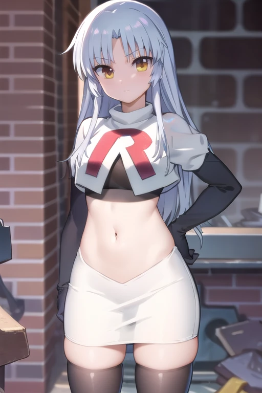 (((pixel-perfect, detail-perfect))), solo, 1girl, kanade tachibana, , looking at viewer, team rocket,team rocket uniform,white skirt,red letter R,crop top,black thigh-highs,black elbow gloves