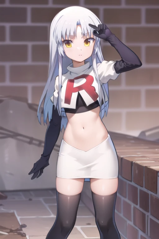 (((pixel-perfect, detail-perfect))), solo, 1girl, kanade tachibana, , looking at viewer, team rocket,team rocket uniform,white skirt,red letter R,crop top,black thigh-highs,black elbow gloves