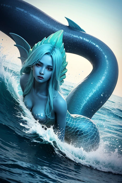 Merfolk creature with blue skin and fins holding a weapon under an ocean wave with a green background