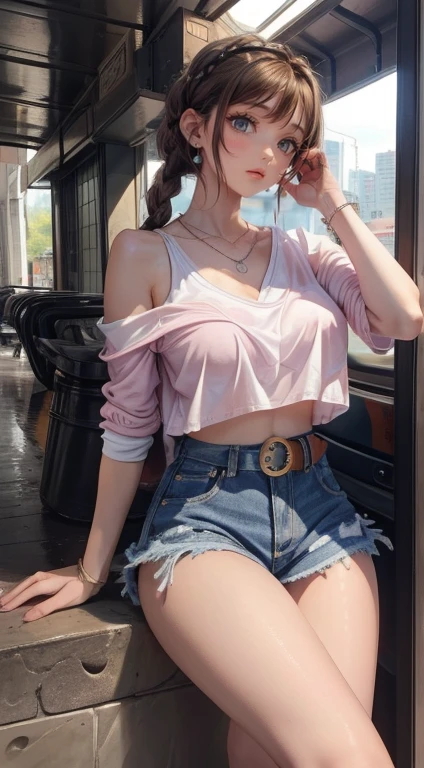 masterpiece, top quality,2 girls,young girl, Coffee eyes, pink, braided hairstyles,worried _Face,shiny skin,big breasts,nice leg line:1.3,thick thighs, thin waist,, white_up button_shirt, denim_cut off, With strap_sandals, Over the shoulder_bag, multilayer_necklace, Cityscape,I look at the viewer,earlier,upper body、Two dimensional beautiful girl、big breasts、sexy look、