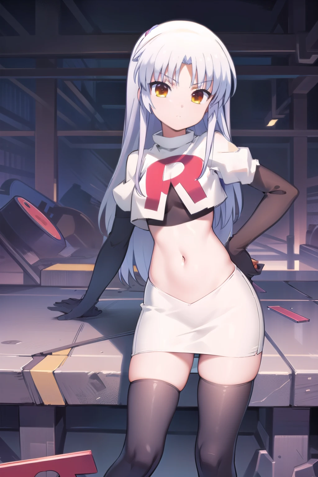 (((pixel-perfect, detail-perfect))), solo, 1girl, kanade tachibana, , looking at viewer, team rocket,team rocket uniform,white skirt,red letter R,crop top,black thigh-highs,black elbow gloves