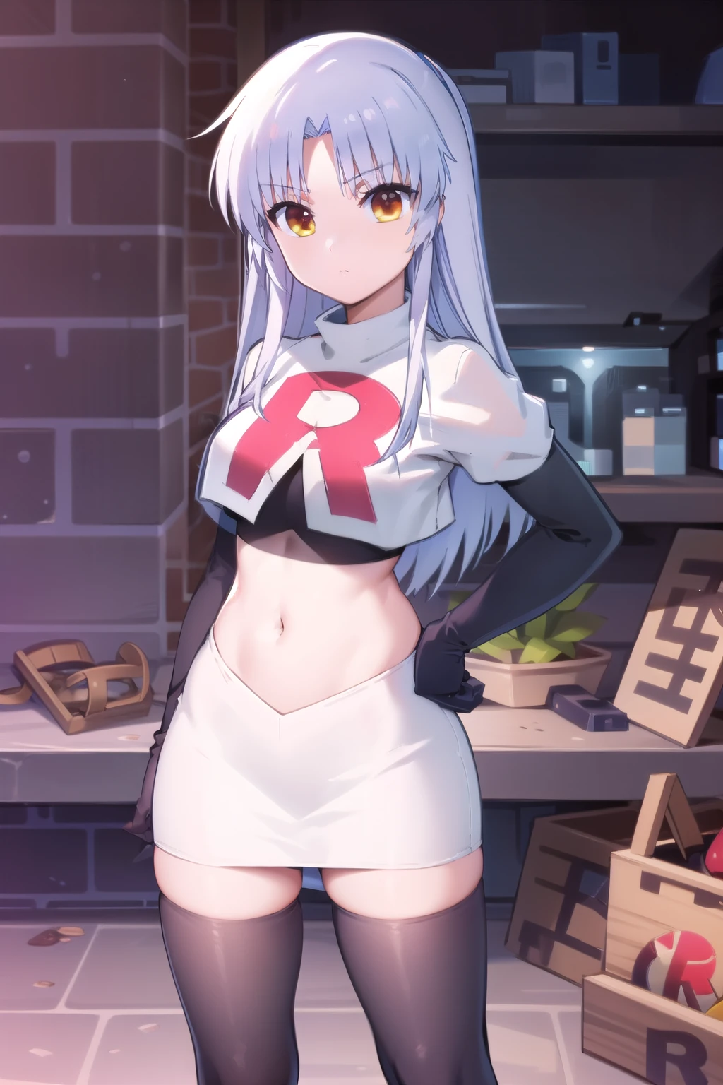 (((pixel-perfect, detail-perfect))), solo, 1girl, kanade tachibana, , looking at viewer, team rocket,team rocket uniform,white skirt,red letter R,crop top,black thigh-highs,black elbow gloves