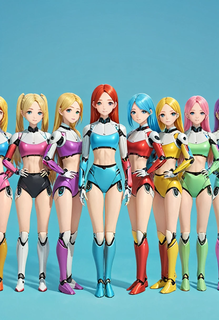 Lots of female androids,
 All are cute and pretty,
 All heights、hair color、Different systems,
 All of them have different top and bottom shapes. Full body shot,
 Masterpiece,
 Group selfie