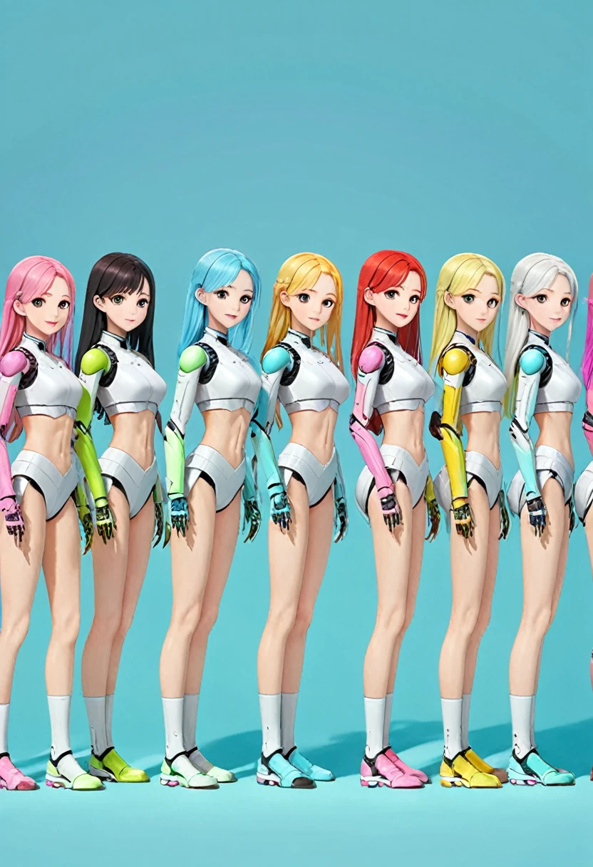 Lots of female androids,
 All are cute and pretty,
 All heights、hair color、Different systems,
 All of them have different top and bottom shapes. Full body shot,
 Masterpiece,
 Group selfie