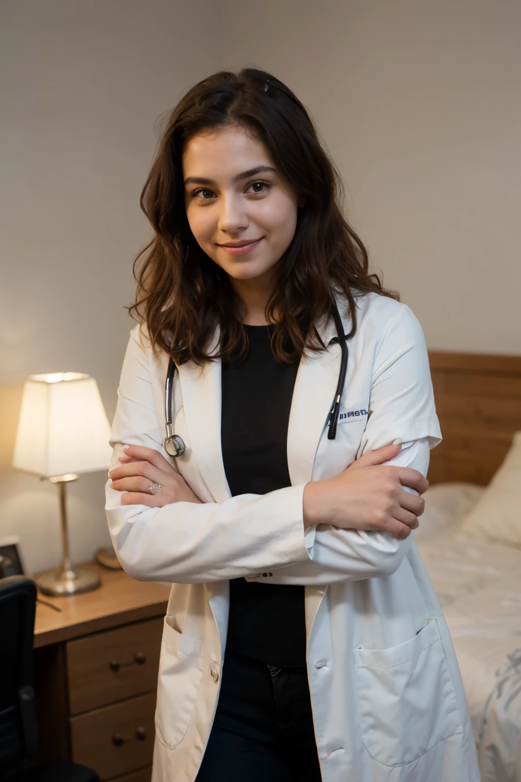 Ultra realistic and detailed image of young dark brown college woman, rosto redondo, smiling softly and with dark curly hair who is not in profile for the photo but rather looking sideways in the photo with her arms crossed wearing a white medical coat and the background of the image of her room