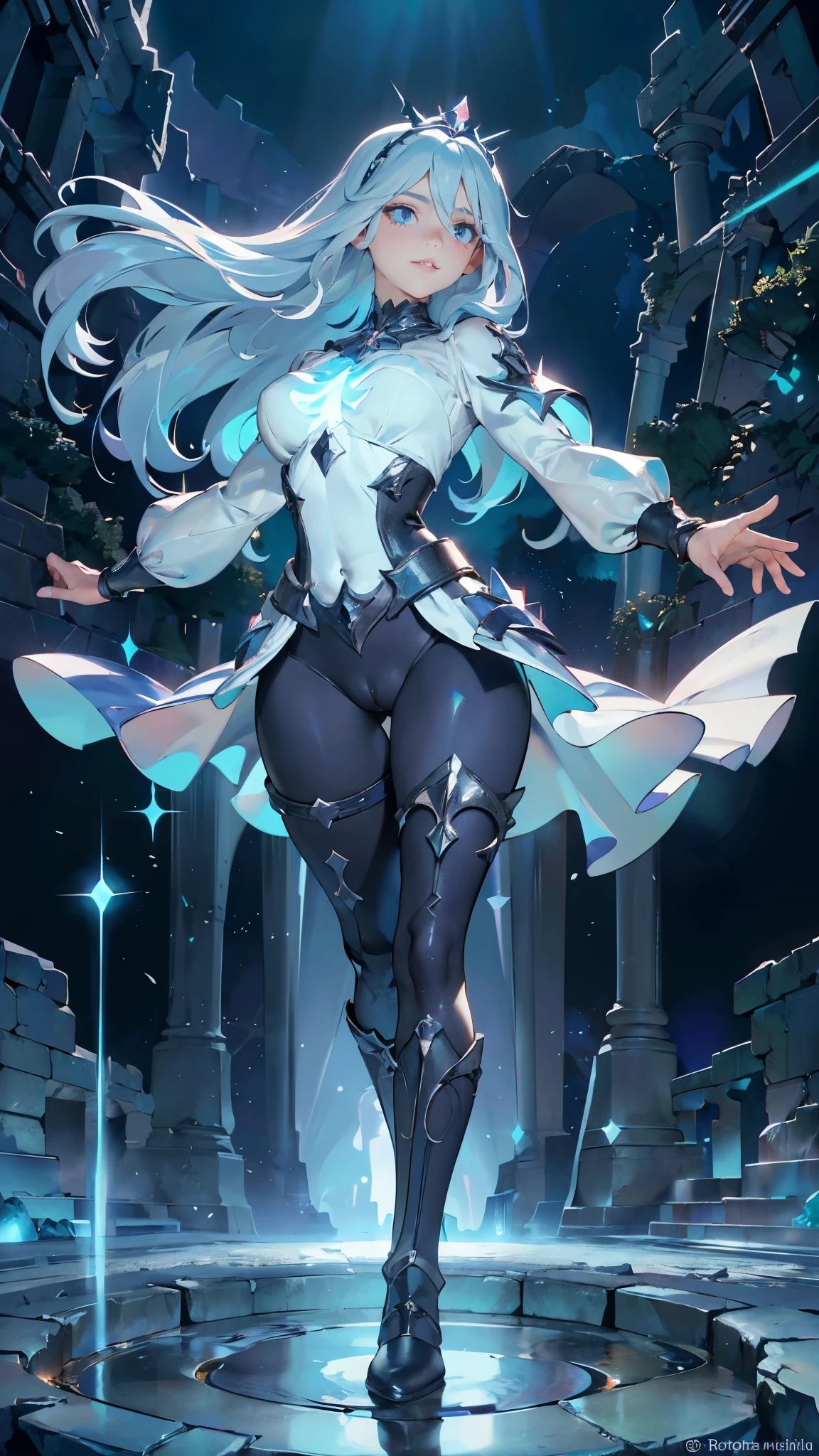 (La mejor calidad,A high resolution,Ultra - detallado,actual),Ariana Grande,(Fondo de ruinas de mazmorra en ruinas:1.4 ), Luz de cine, Highly cara detallada and skin texture , (blue eyes:1.331) , (diadema blanca:1.5), (dark cyan patternless long sleeve shirt:1.5), (microfalda:1.5), (medias:1.2), (botas:1.5), 1 mejilla natural, Piel brillante, piel blanca, piel brillante: 1.2, (labios brillantes: 1.4), (mirada avergonzada: 1.2), 17 year old woman, (of the highest quality:1.2), cinematic lighting, estilo perfecto, Hermoso rostro, rubor, glare, embarazoso, (sonrisa:1.2), (:1.2), (:1.2), (Cuerpo fascinante:1.2), solo ombligo, tiro largo, (exterior:1.5), desde abajo, (face detailed :1.4), manos perfectas: 1.5, (solo), (dynamic pose), (colores brillantes) 