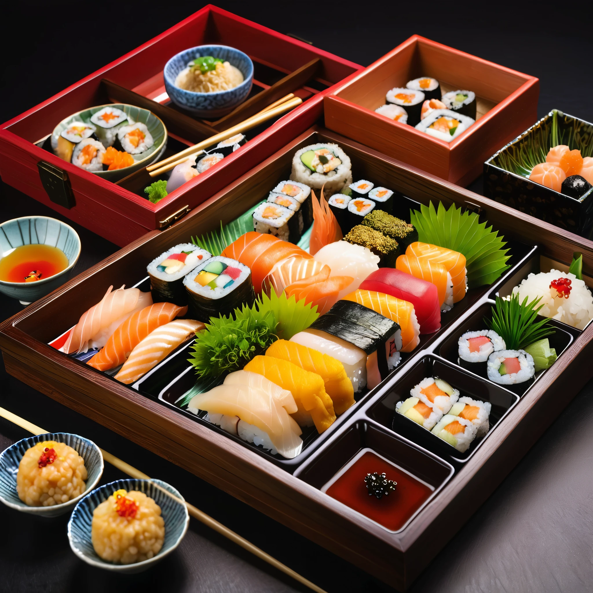 best quality,ultra-detailed,realistic portrait,Japanese cuisine,bento box,intricate details,vibrant colors,traditional design,fine brushwork,delicious food,beautiful presentation,wooden chopsticks,delicate patterns,sushi rolls,tempura,small dishes,sake cup,sashimi,arranged neatly,culinary art,authentic Japanese cuisine,cultural heritage,exquisite arrangement,nourishing meal,meticulously prepared,culinary craftsmanship,flavorful ingredients,meticulous attention to detail,Japanese aesthetics,harmonious composition,precise proportions,artistic presentation,subtle textures,masterful craftsmanship,meticulous cuisine,culinary masterpiece,colorful ingredients,meticulous food arrangement,strong visual impact,lifelike portrayal
