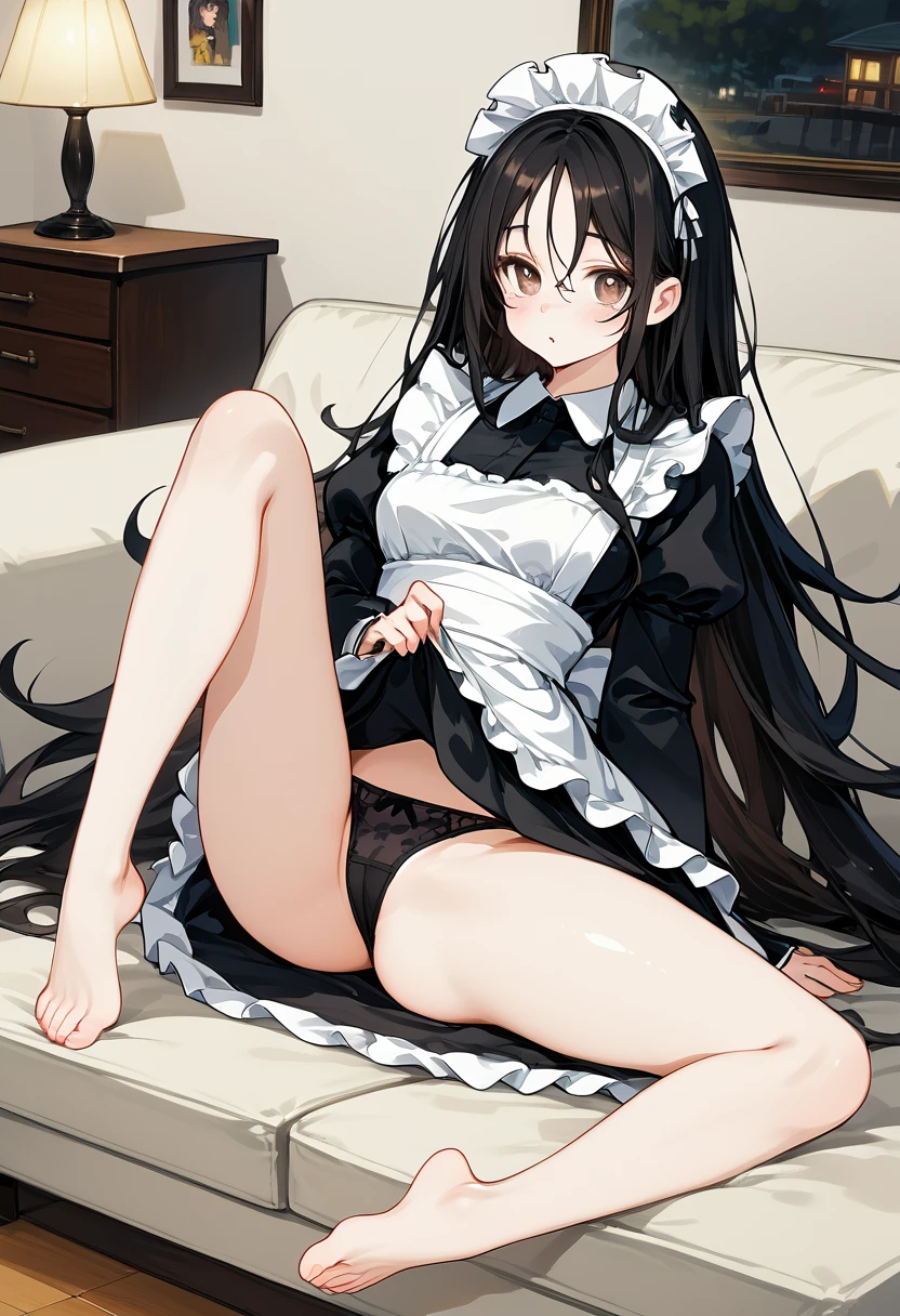 perfect anatomy, 1 beautiful girl, 24-years-old, Delivery health lady, black hair, semi long hair, messy hair, cute face, Drooping eyes, brown eyes, shiny skin, cosplay, Maid outfit, miniskirt, black panties, barefoot, spread legs, lift up legs, dark natural light, living room, 