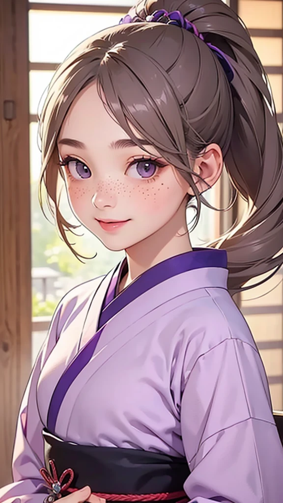 highest quality、Realistic、girl、Japanese、zoom、cute、Gray Eyes、Chestnut Hair、Long Ponytail、Purple kimono、Japanese clothing、Face close-up、smile、thin、Small breasts、freckles