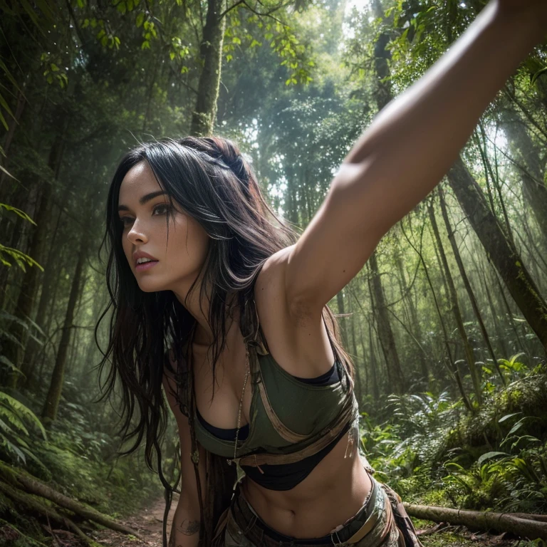 a wild woman living in the forest, dressed in scraps of skins, disheveled hair, dynamic pose, random angle, of an ultra-detailed Megan Fox, soft light, haze, —ar 9:16—niji 5, (Masterpiece:1.3), (best quality:1.3).