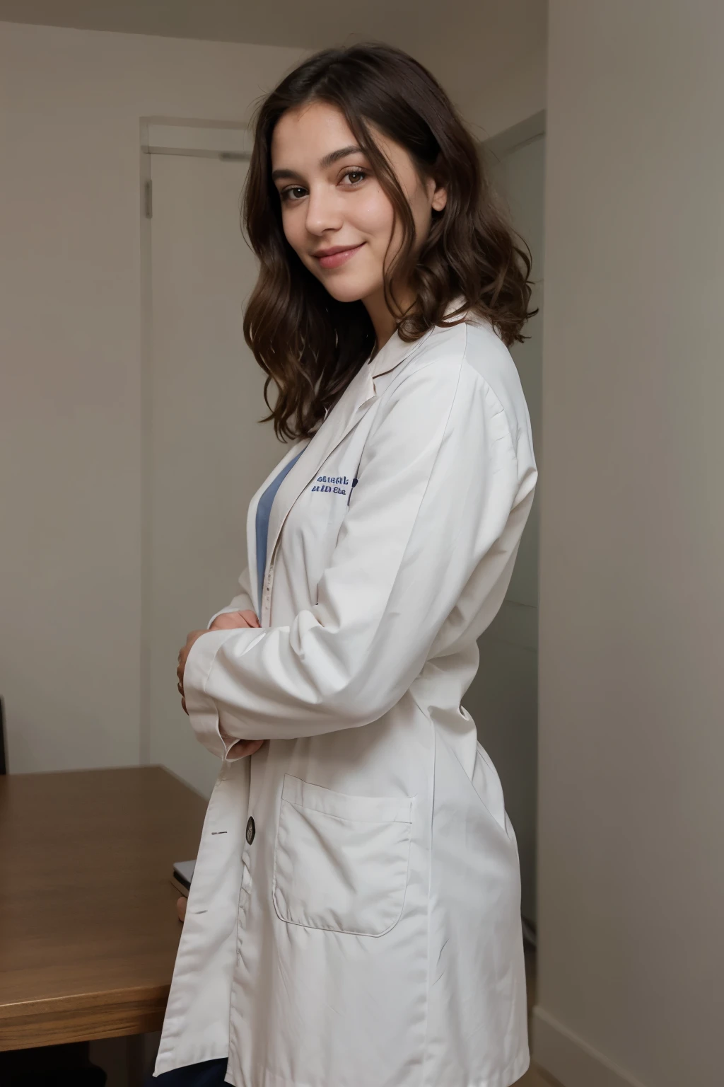 Ultra realistic and detailed image of young dark brown college woman, rosto redondo, smiling softly and with dark curly hair who is not in profile for the photo but rather looking sideways in the photo with her arms crossed wearing a white medical coat and the background of the image of her room