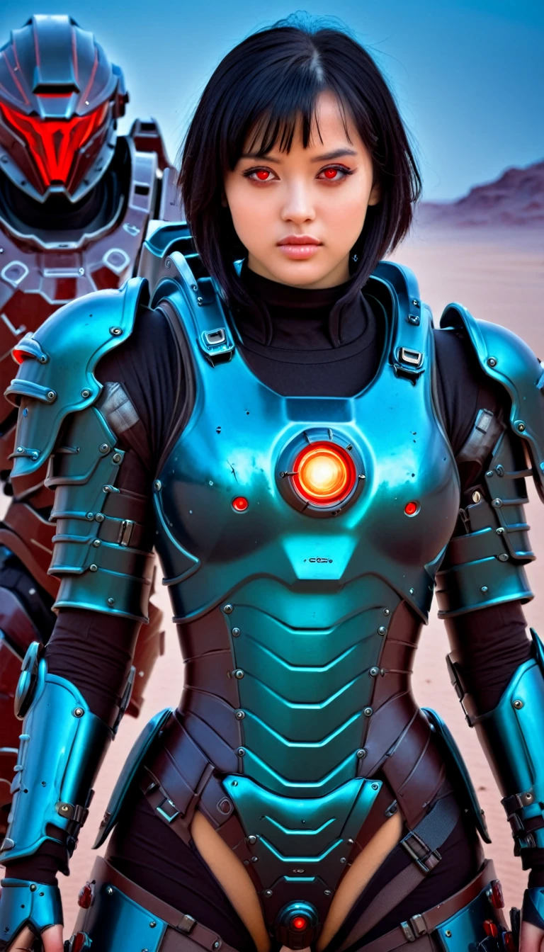 ((best quality)), ((masterpiece)), (detailed), perfect face, a girl wearing heavy armor, sci-fi armor, dessert background, black hair, red eyes, glowing eyes, 