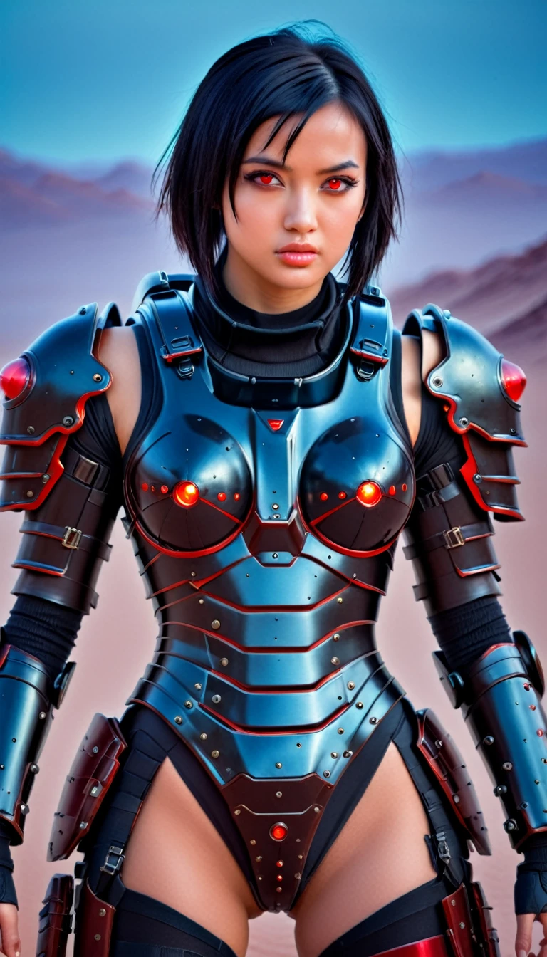 ((best quality)), ((masterpiece)), (detailed), perfect face, a girl wearing heavy armor, sci-fi armor, dessert background, black hair, red eyes, glowing eyes, 