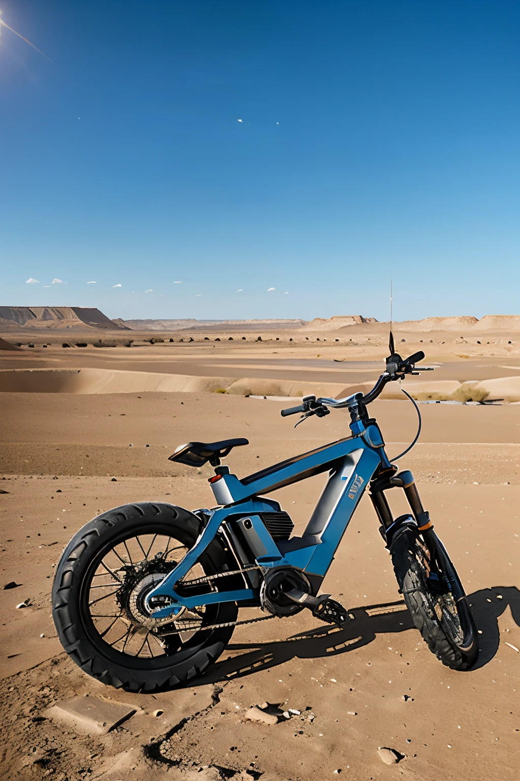 The sleek and futuristic cyberpunk hoover bike cuts through the vast expanse of the arid desert its metallic frame glinting in the scorching sunlight as it hovers effortlessly above the cracked earth