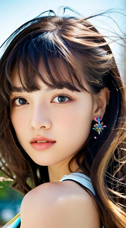 (masterpiece), (highest quality), (Super Detail), (Disheveled Hair), (figure), (One Girl), (Fashionable clothes), Are standing, Fashion Model, Beholder, (interview), (Simple Background), Beautiful beautiful eyes, Delicate and beautiful face, floating, (High saturation), (Colorful Splash), Colorful bubbles, (Shine), Focus on the face, ponytail, Light blue hair, bangs, Hair Ring, floating Flowers, floating Hairs, (The Shining), Best lighting, Best Shadow
