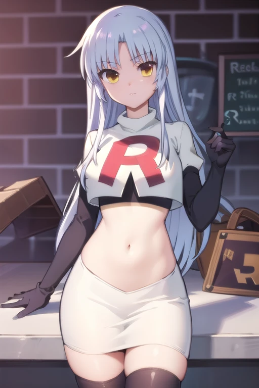 (((pixel-perfect, detail-perfect))), solo, 1girl, kanade tachibana, , looking at viewer, team rocket,team rocket uniform,white skirt,red letter R,crop top,black thigh-highs,black elbow gloves