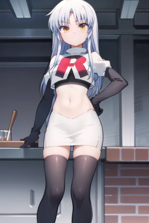 (((pixel-perfect, detail-perfect))), solo, 1girl, kanade tachibana, , looking at viewer, team rocket,team rocket uniform,white skirt,red letter R,crop top,black thigh-highs,black elbow gloves