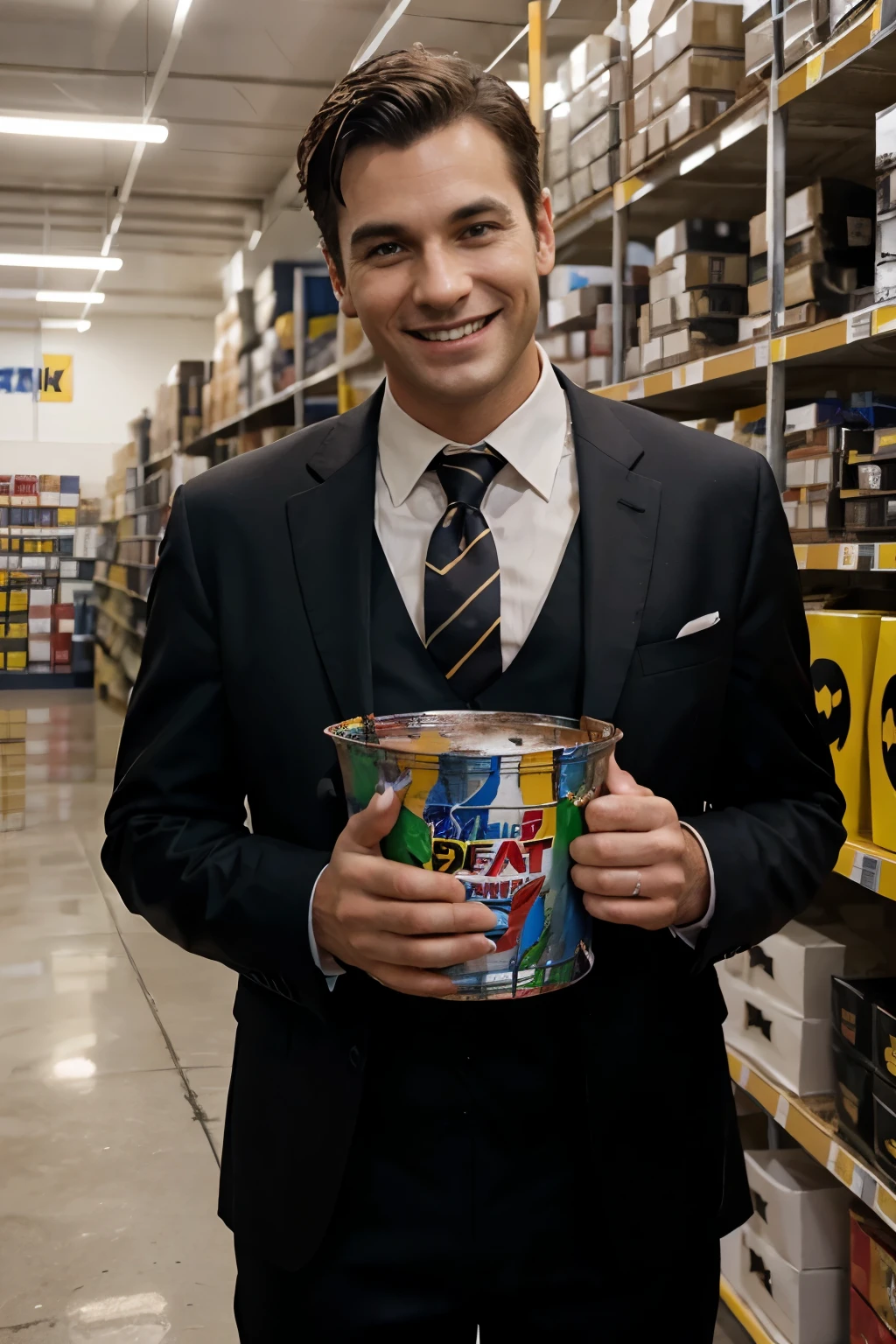 batman in suit,(in paint store),advertisement,smile,holding a paint bucket in hand,huge store,have customer,